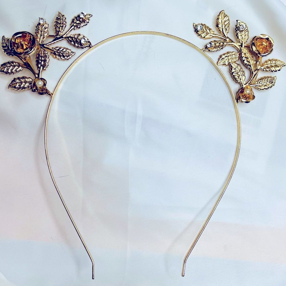 Gold Tiara headband faux crystals in gold leaves, hair jewelry